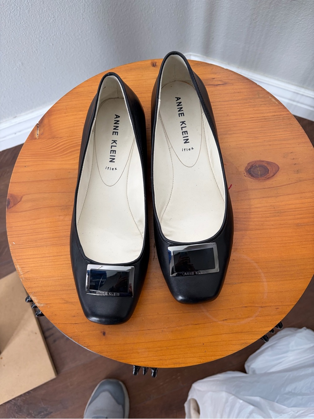 Anne Klein Black Patent Square-Toe Flats with Glossy Accent